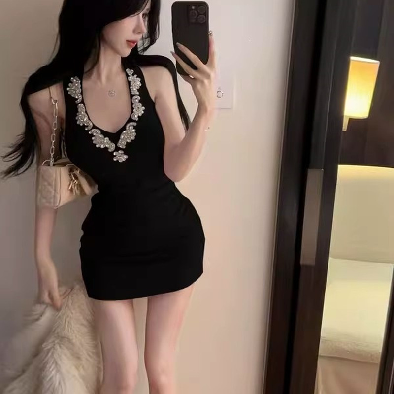 Sparkly Rhinestone Club Party Dress - Abito Mini Bodycon Nero Sexy Monospalla