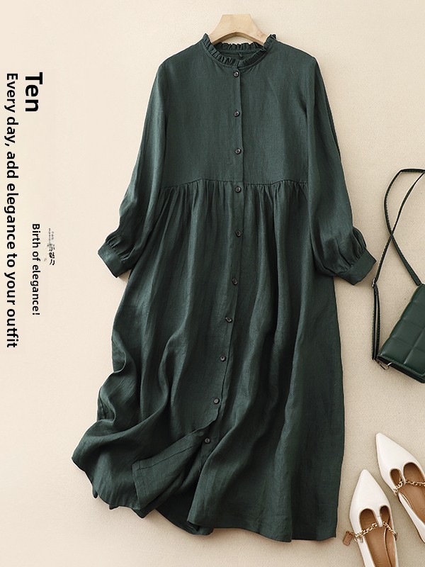 Abito lungo in cotone e lino,  - Casual Loose Linen Shirt Dress recensione e prezzo
